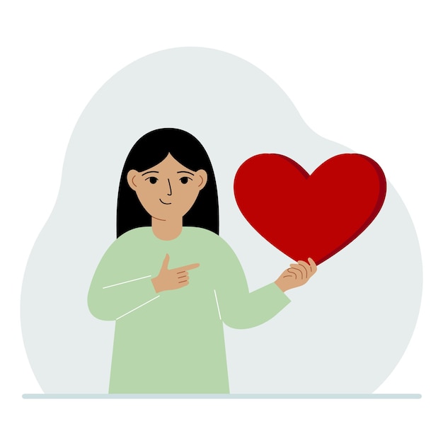 Vector a girl holds a big red heart in his hand the concept of volunteering romantic relationship or love