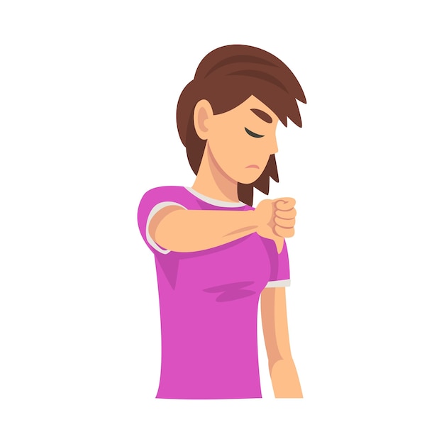 Girl holds fist finger down dislike cartoon vector illustration