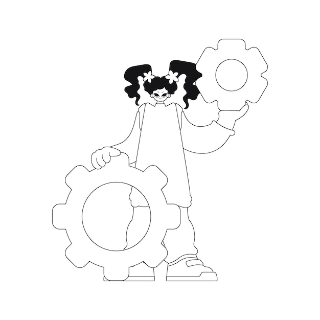 Girl holds gears in her hands. Done in line art. Vector creation.