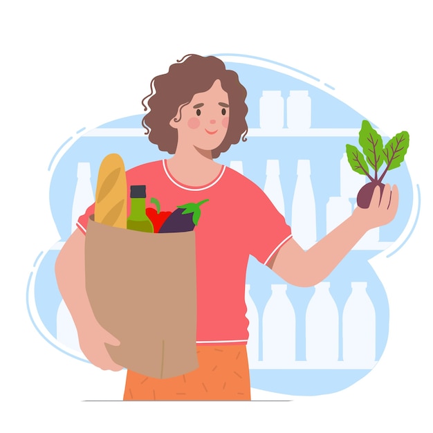 Vector girl holds grocery bag with natural products