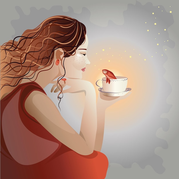 the girl holds in her hand a cup from which a goldfish looks out at her. magical and mysterious