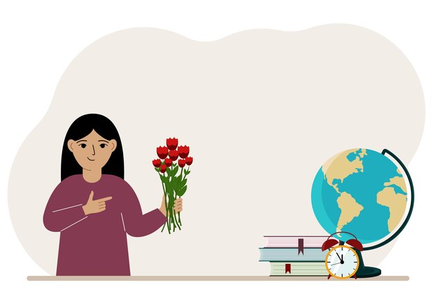 The girl holds in his hand a bouquet of flowers next to textbooks a globe and an alarm clock The concept of September 1 the day of knowledge soon to school the beginning of studies