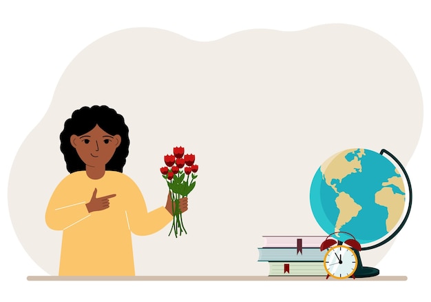 그 소녀는 교과서 옆에 있는 꽃다발과 지구본과 알람시계를 손에 들고 있습니다.