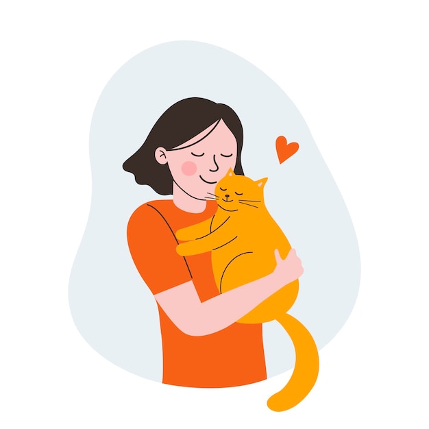 Girl holds and hugs the cat Children puppies friendship Vector flat style cartoon illustration