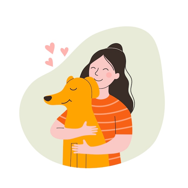 Girl holds and hugs the dog Children puppies friendship Vector flat style cartoon illustration