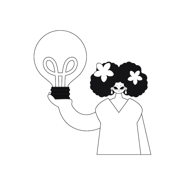 Girl holds a light bulb, symbolising an idea. Linear vector illustration.