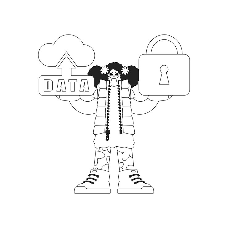 Vector girl holds logo of cloud storage for iot vectorized linear design