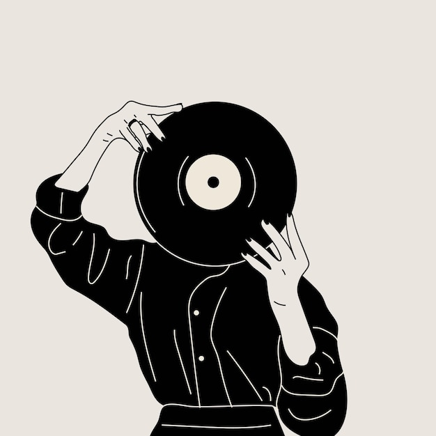 Girl holds an old vinyl record in her hands .Retro fashion style from 80s. Vector illustrations