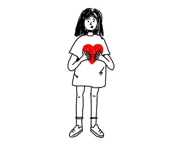 The girl holds a red heart in her hands the concept of love for the world vector outline by hand