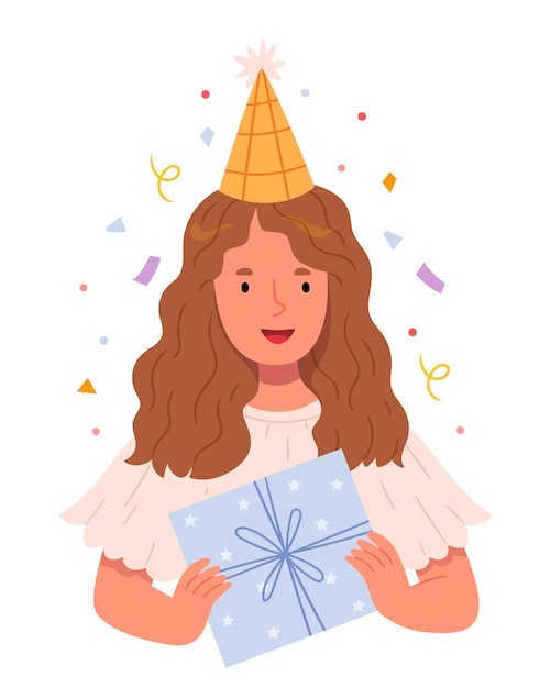 휴일 모자를 입은 소녀가 선물 상자를 들고 있습니다. 생일 축제 분위기 파스텔 색상 손으로 그립니다.