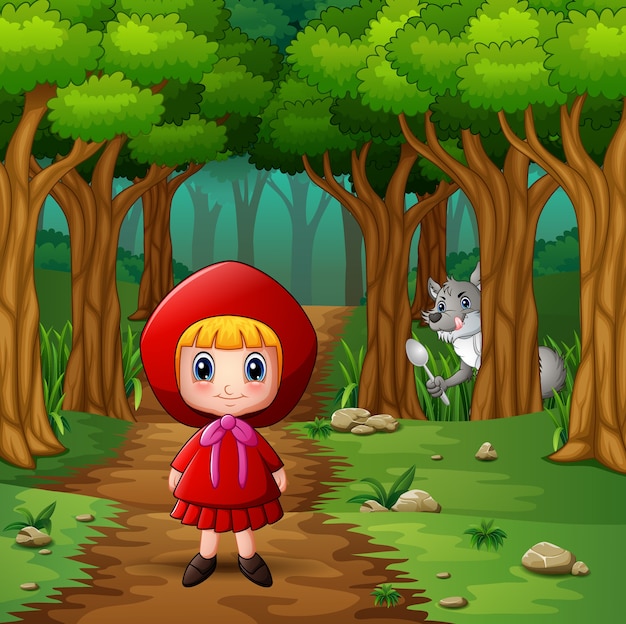 Girl hooded red and wolves at forest