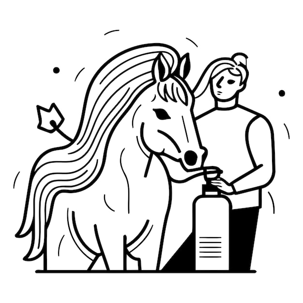 Girl and horse Vector illustration in a flat linear style Girl and horse