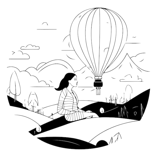 Vector girl in a hot air balloon in the field