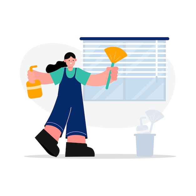 Vector girl housekeeping worker windows clean service