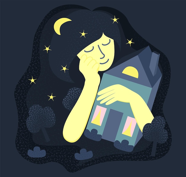 Vector girl hug her house harmony of nature and one house