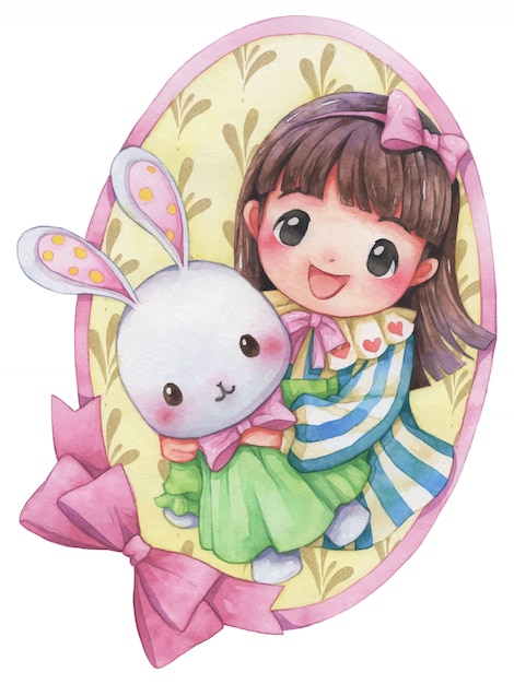 Girl hug rabbit watercolor