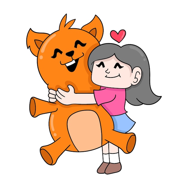 Ragazza che abbraccia una bambola di gatto gigante doodle icon image kawaii