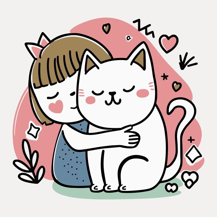 Vector the girl hugs the cat cute illustration of a child with a cat