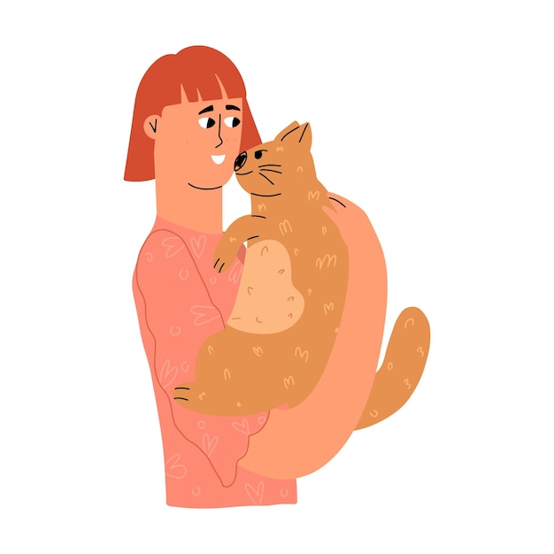Девушка обнимает кота Эмоциональная поддержка кота Векторная иллюстрация Психическая терапия