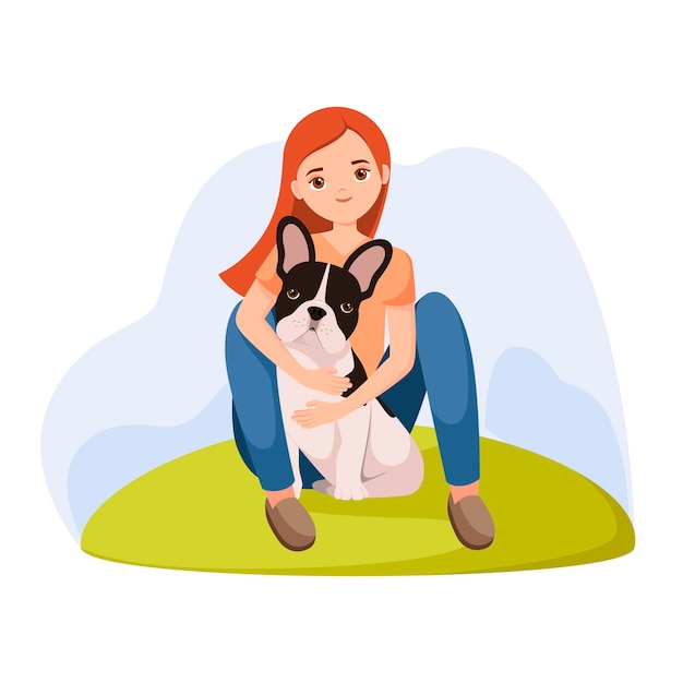 Una ragazza abbraccia un cane bulldog francese cartoon design