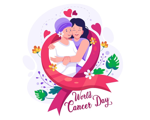 Una ragazza abbraccia con amore sua madre che ha il cancro. illustrazione del concetto di giornata mondiale del cancro