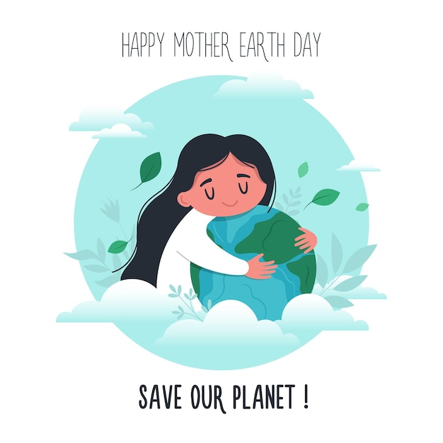 Девушка обнимает планету земля с любовью и заботой спасите нашу планету открытка плакат баннер день матери-земли