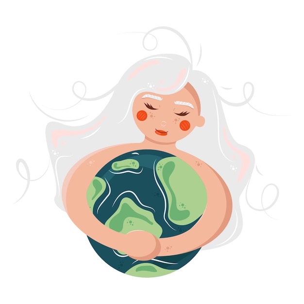 Girl hugs planet Earth with love and care The concept of environmental protection eco nature care