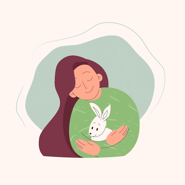 A girl hugs a rabbit Careful attitude to animals Vector illustration about sustainability