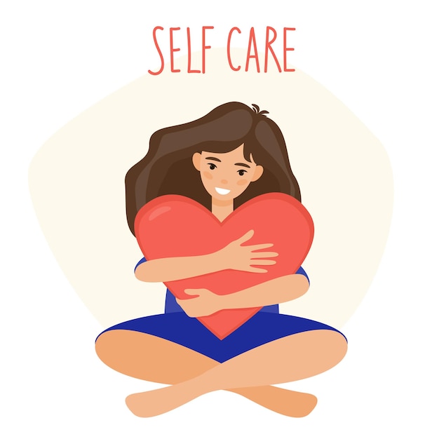 Girl hugs a red heart with Self Care text on the background illustration