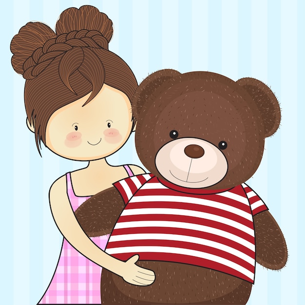 Vector girl hugs teddy bear with love