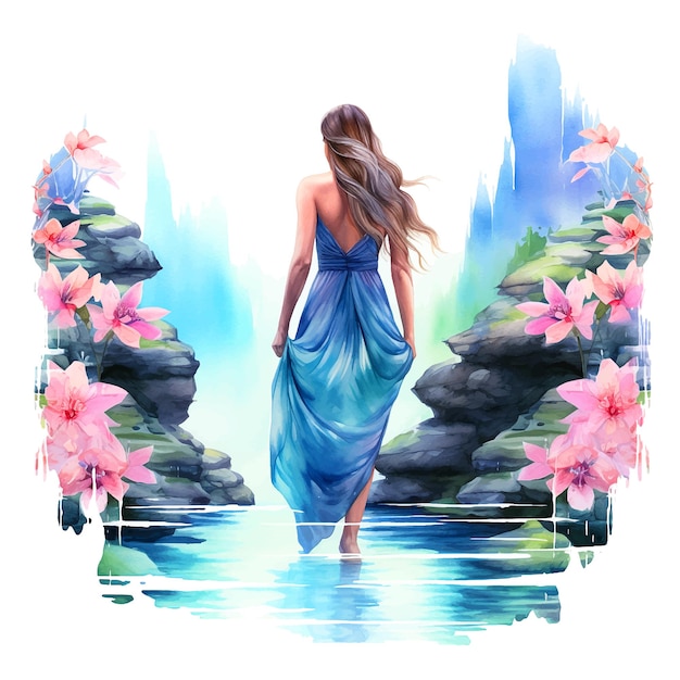 ベクトル 自然の水彩絵の具の滝の中の女の子