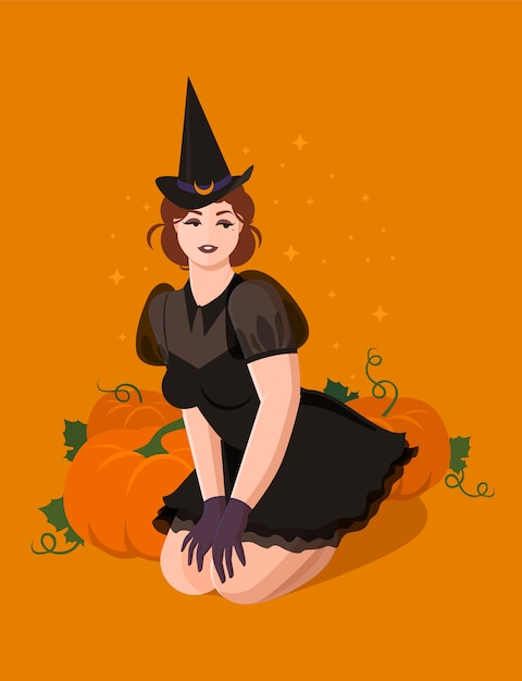 Девушка в костюме ведьмы и шляпе