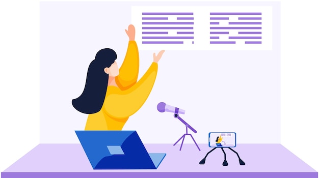 Вектор Девушка в желтом свитере стоит у стола, снимает видео и читает сообщение в микрофон