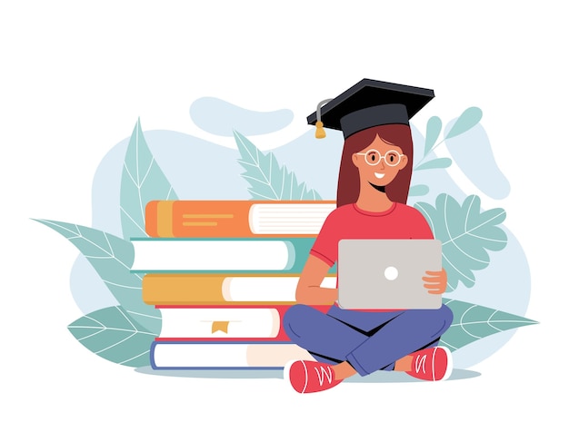 책 더미 주위에 앉아 졸업 모자를 쓴 소녀 온라인 코스 원격 학습 자기 교육