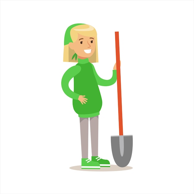 Девушка в зеленом свитере с лопатой помогает в экологически чистом садоводстве на открытом воздухе, часть серии «дети и природа»