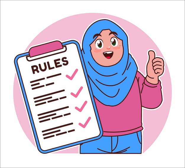 Девушка в хиджабе держит доску правил