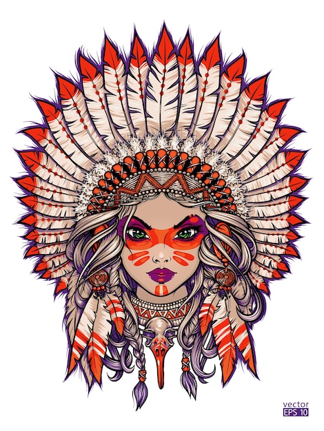 羽のレトロなベクトル図とネイティブアメリカンの伝統的な頭飾りの女の子
