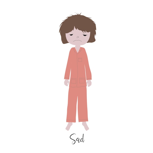 悲しい表情でパジャマを着た女の子漫画スタイルの色のイラスト ベクトル悲しい女の子