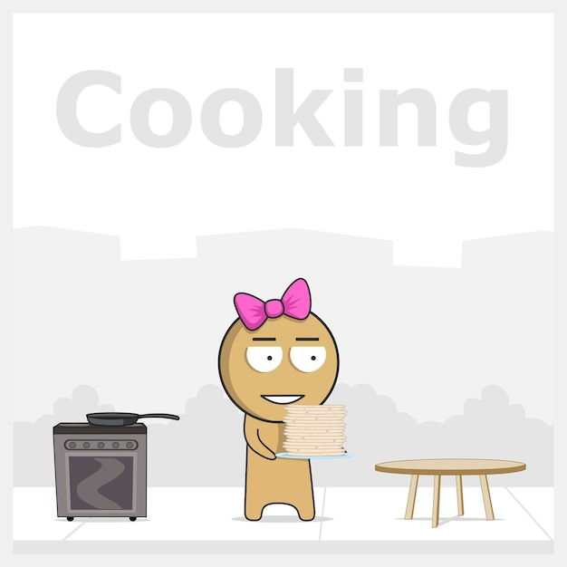 부엌에서 팬케이크를 굽고 있는 소녀