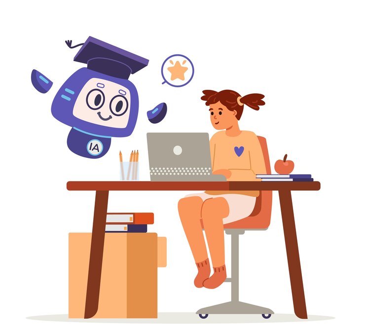 Vector girl interacting with ai robot while studying