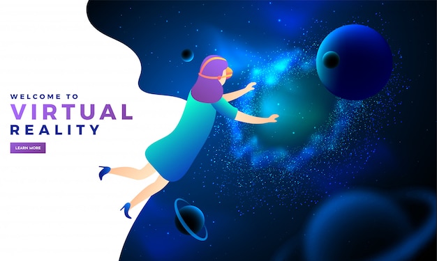 Girl interacting with virtual or imaginary universe 