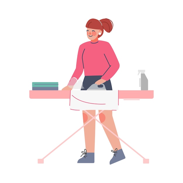 Vector girl ironing clothes on board household chores flat style vector illustration