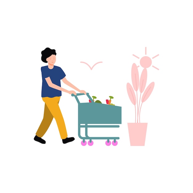 Vector the girl is carrying a trolley of vegetables