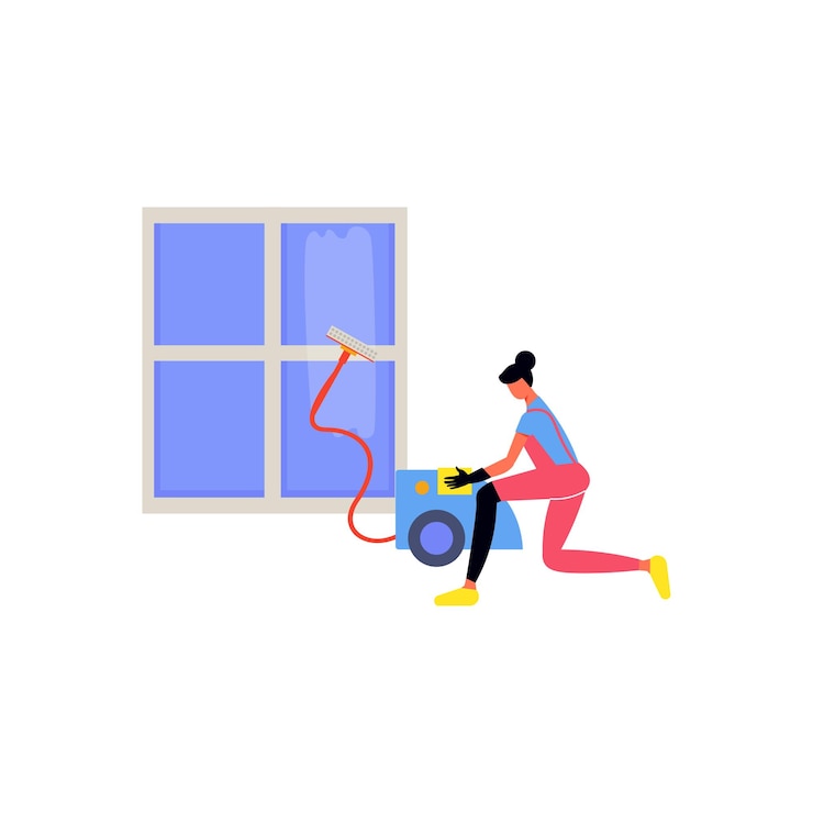 Vector the girl is cleaning the window with a vacuum cleaner