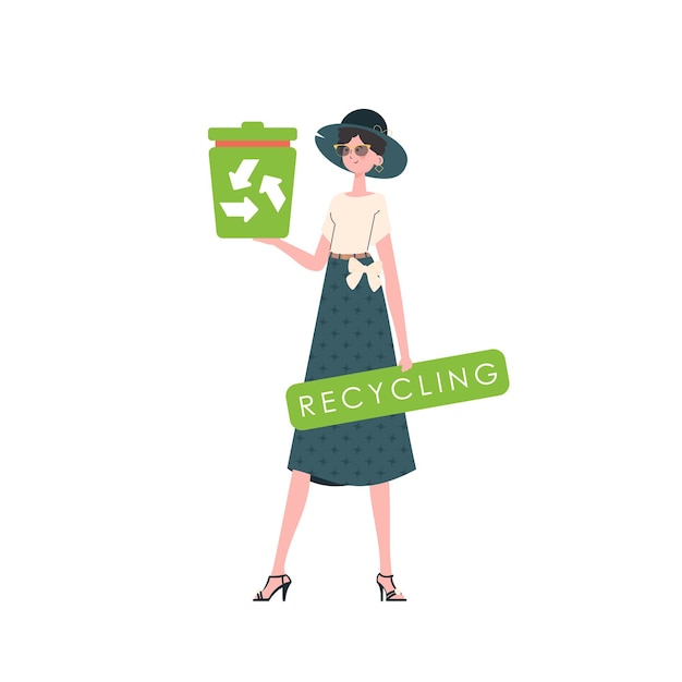The girl is depicted in full growth and holds a trash can in her hand The concept of recycling and zero waste Isolated Trendy character style Vetcor