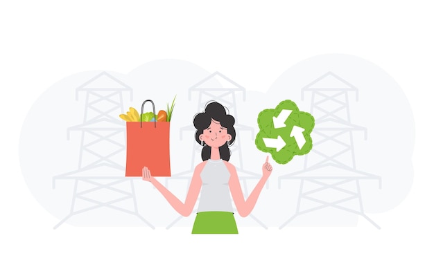 Vector the girl is depicted waistdeep holding an eko icon and a bag of proper nutrition the concept of ecology zero waste and healthy eating trend style vector illustration