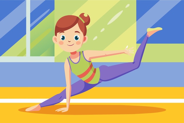 A girl is doing a yoga pose on a mat