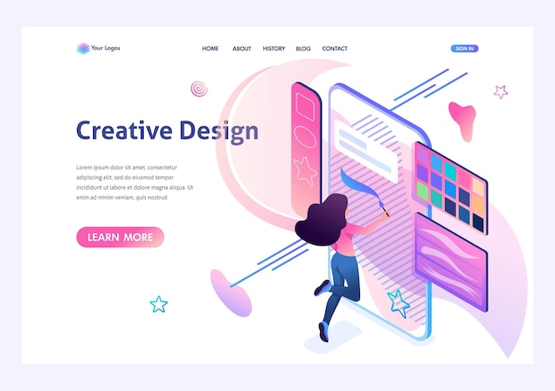 Vettore la ragazza disegna sullo schermo dello smartphone utilizzando un'app software creativity 3d isometric per il web design