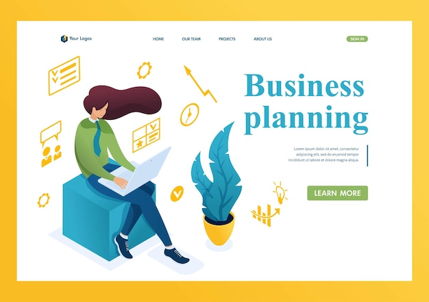 girl is engaged in business planning on a laptop The concept of planning 3d isometric Landing page