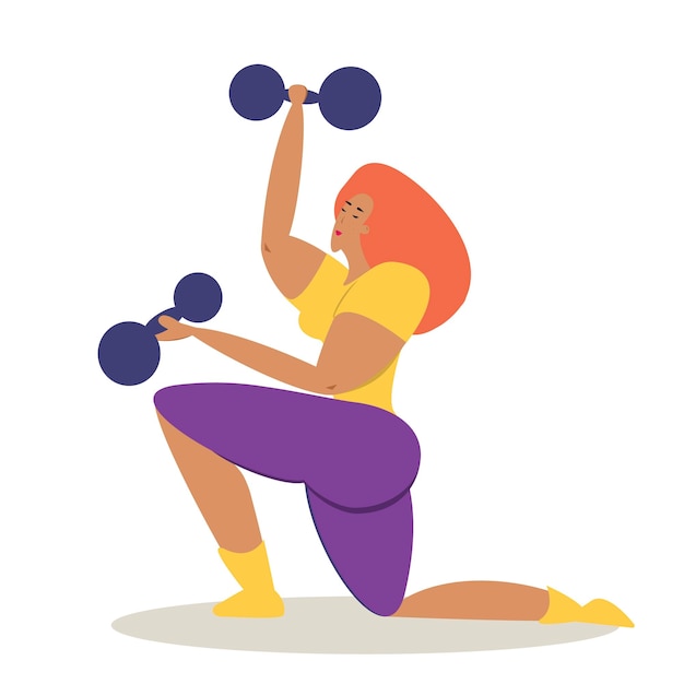 Vector the girl is engaged in sports a female sports coach with dumbbells in her hands shakes her muscles v...